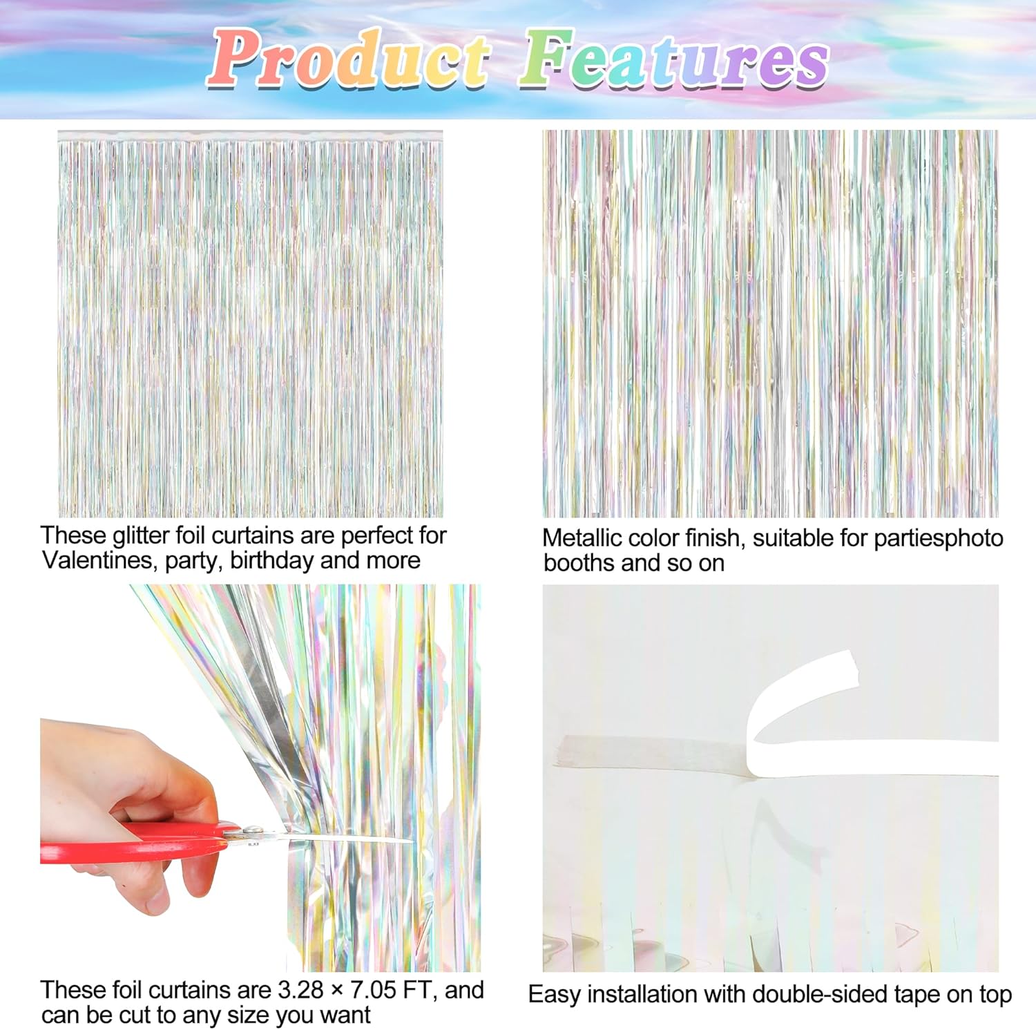 2 Pack Backdrop Curtains, 3.28 FT x 7.05 FT Laser Silver Fringe Curtains, Metallic Tinsel Foil