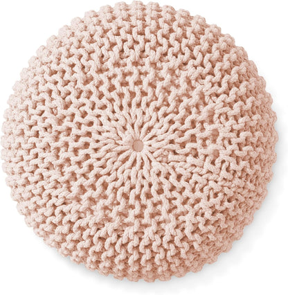 Casafield Round Pouf Ottoman, Light Pink - 20" Diameter x 14.5" High Cotton Knit Foot Stool - Boho