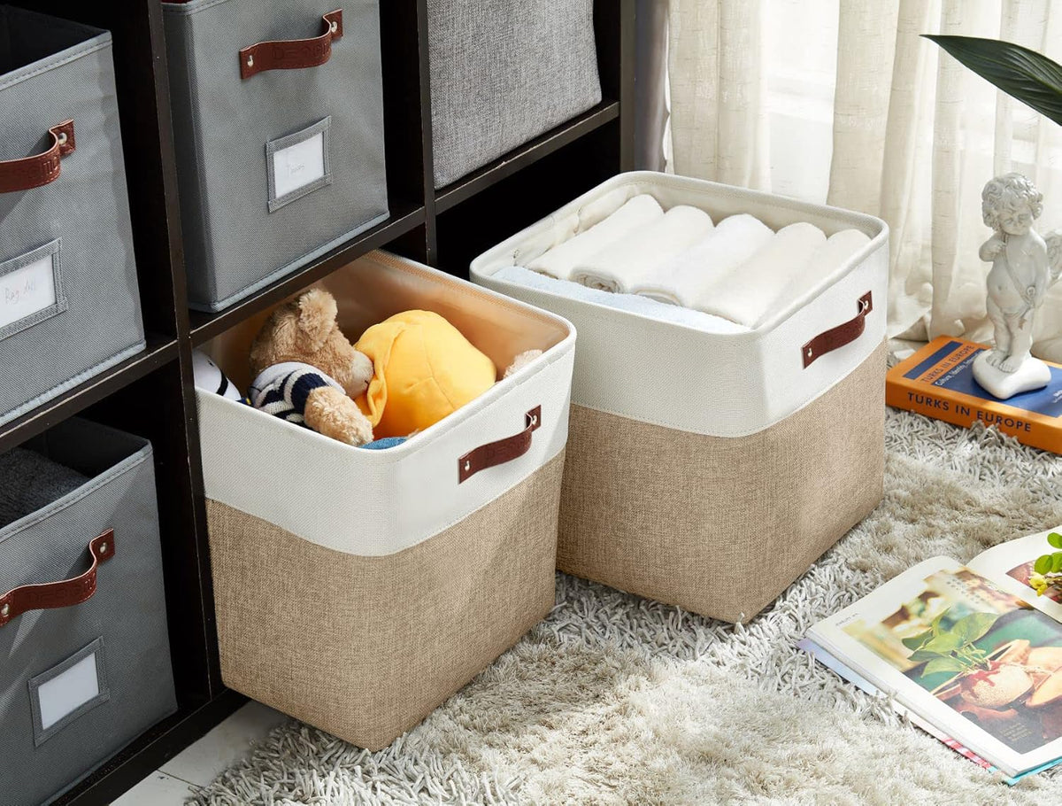 DECOMOMO 13 Inch Cube Storage Bins, Fabric Storage Cube, Basket for Kallax Shelves (Beige & White