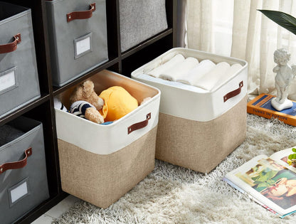 DECOMOMO Storage Cubes, 11x11 Cube Storage Bins, Baskets for Shelves (Beige & White, Cube 11" - 4