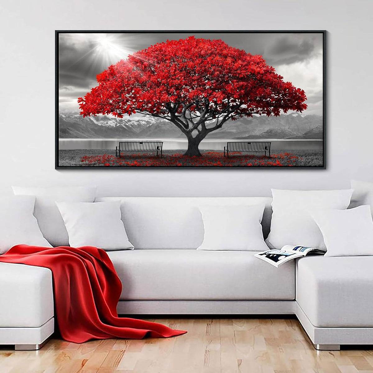 AJAZIKO Red Wall Art - Modern Framed Wall Art for Living Room - Red Tree Black and White Landscape