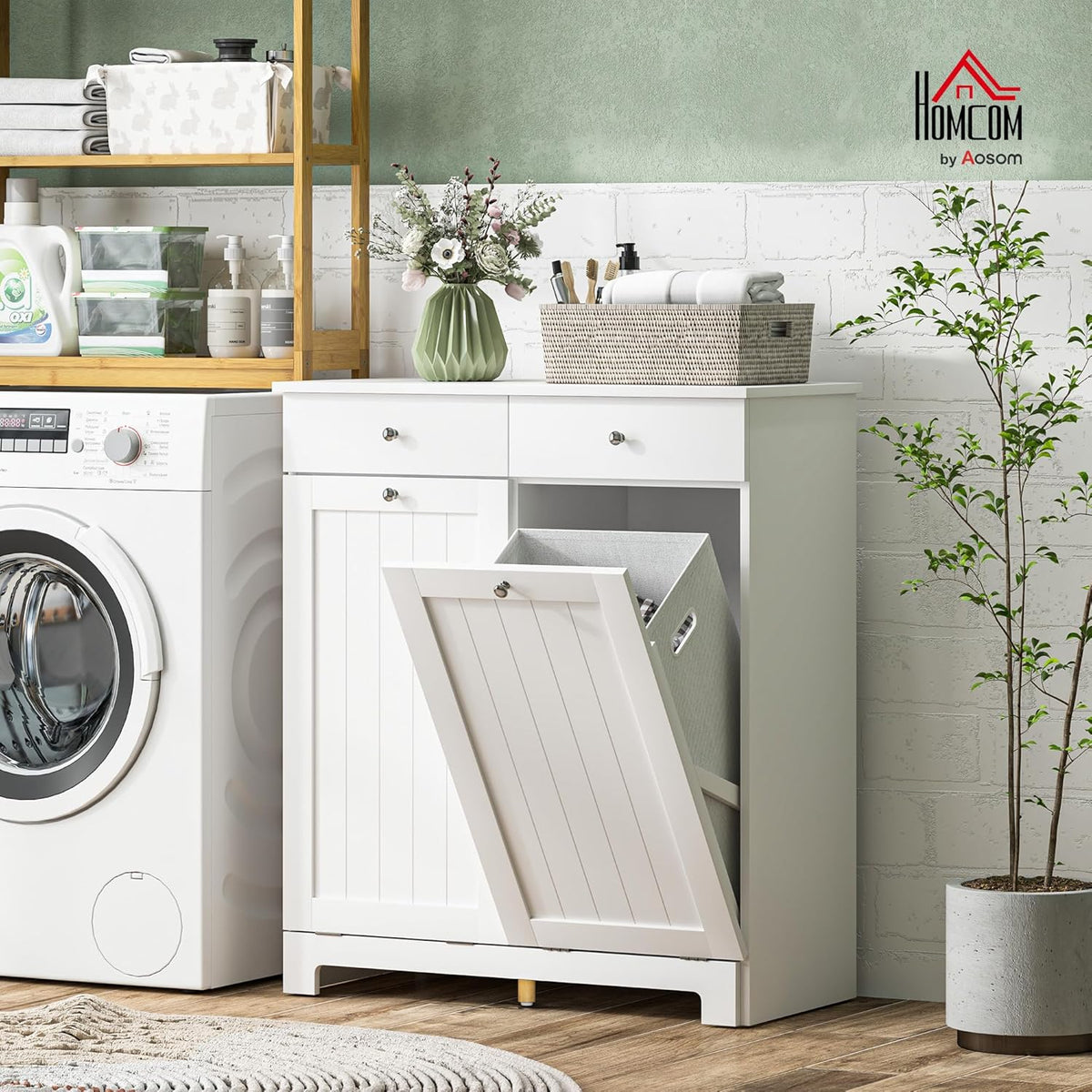 HOMCOM Laundry Hamper Cabinet with 2 Removable Baskets, Tilt Out Laundry Hamper Cabinet with 2