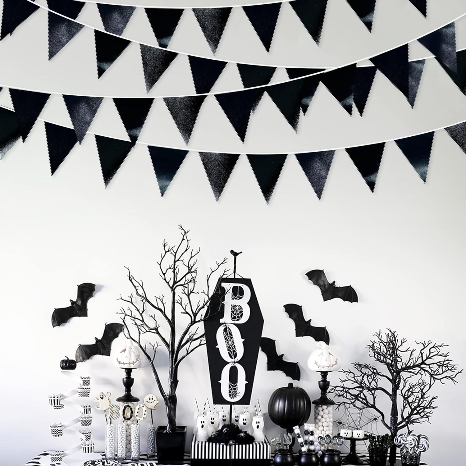 Black Party Decorations Triangle Pennant Banner Flag Black Metallic Fabric Bunting Garland for