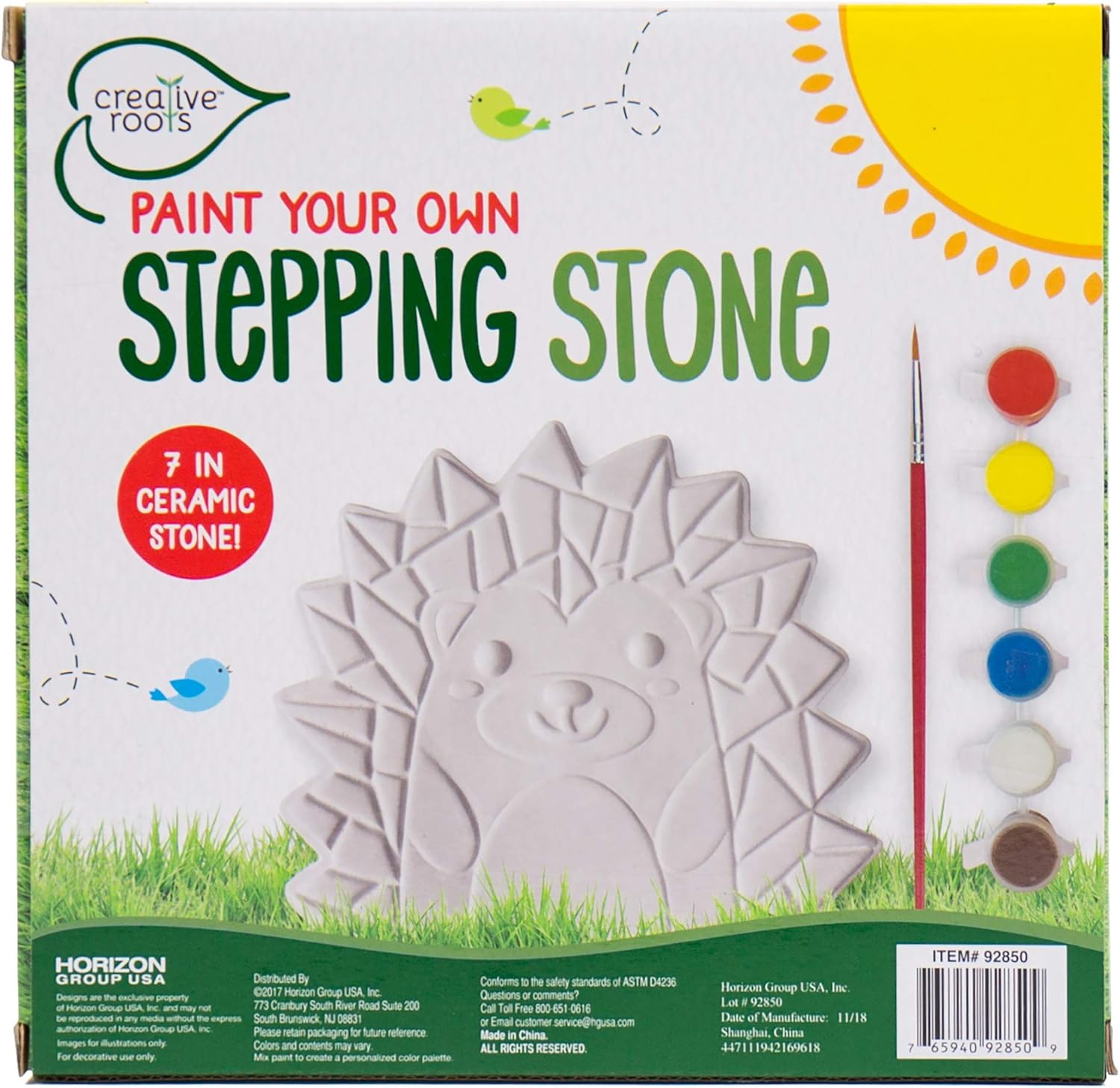 Creative Roots Mosaic Hedgehog Stepping Stone, Includes 7-Inch Ceramic Stone & 6 Vibrant Paints