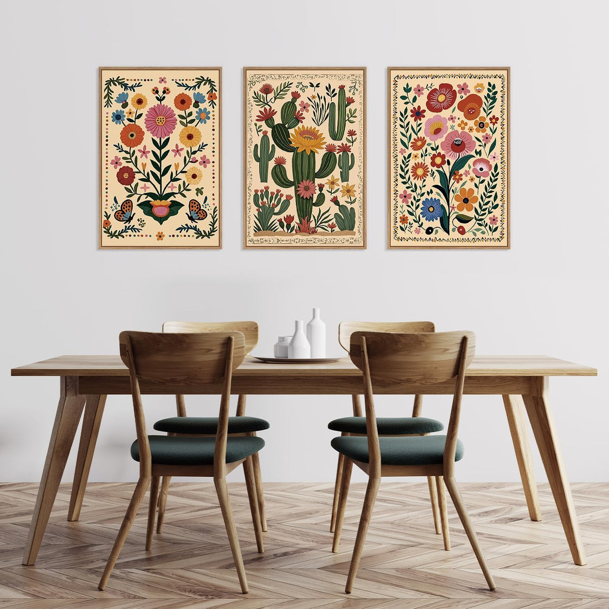 HLNIUC Vintage Flower Framed Canvas Wall Art,Colorful Desert Cactus Flower Wall Decor Set of