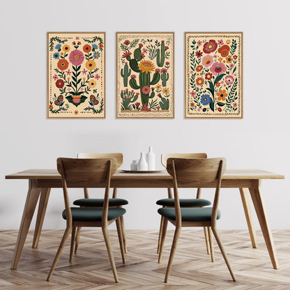 HLNIUC Vintage Flower Framed Canvas Wall Art,Colorful Desert Cactus Flower Wall Decor Set of