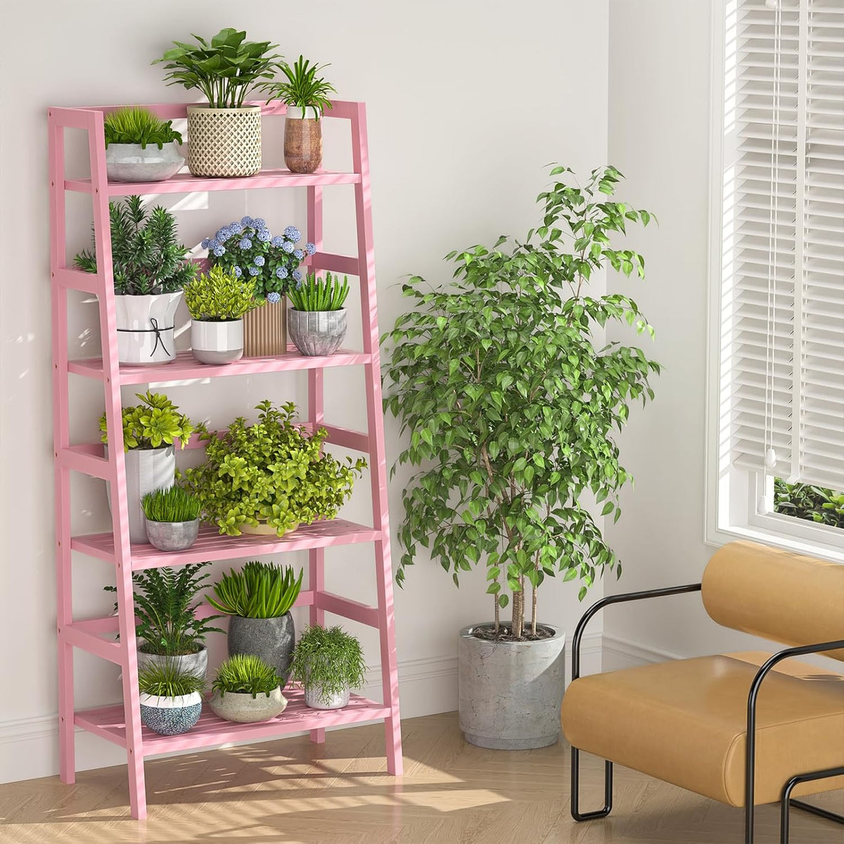 Homykic Bamboo Ladder Bookshelf, 4-Tier Ladder Shelf Open Book Shelf Freestanding Bookcase Bathroom