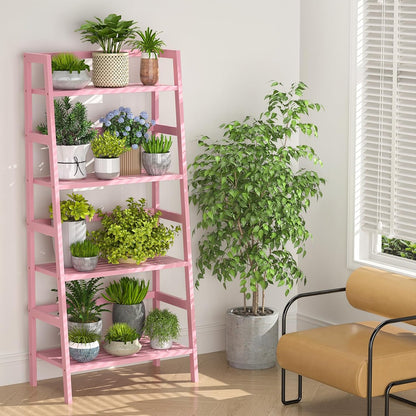 Homykic Bamboo Ladder Bookshelf, 4-Tier Ladder Shelf Open Book Shelf Freestanding Bookcase Bathroom