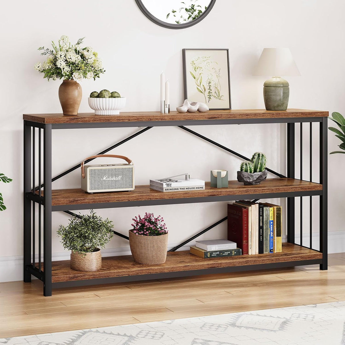 LVB Industrial Console Entryway Table, Metal Wood Rustic Sofa Table with Storage, Farmhouse 3 Tier
