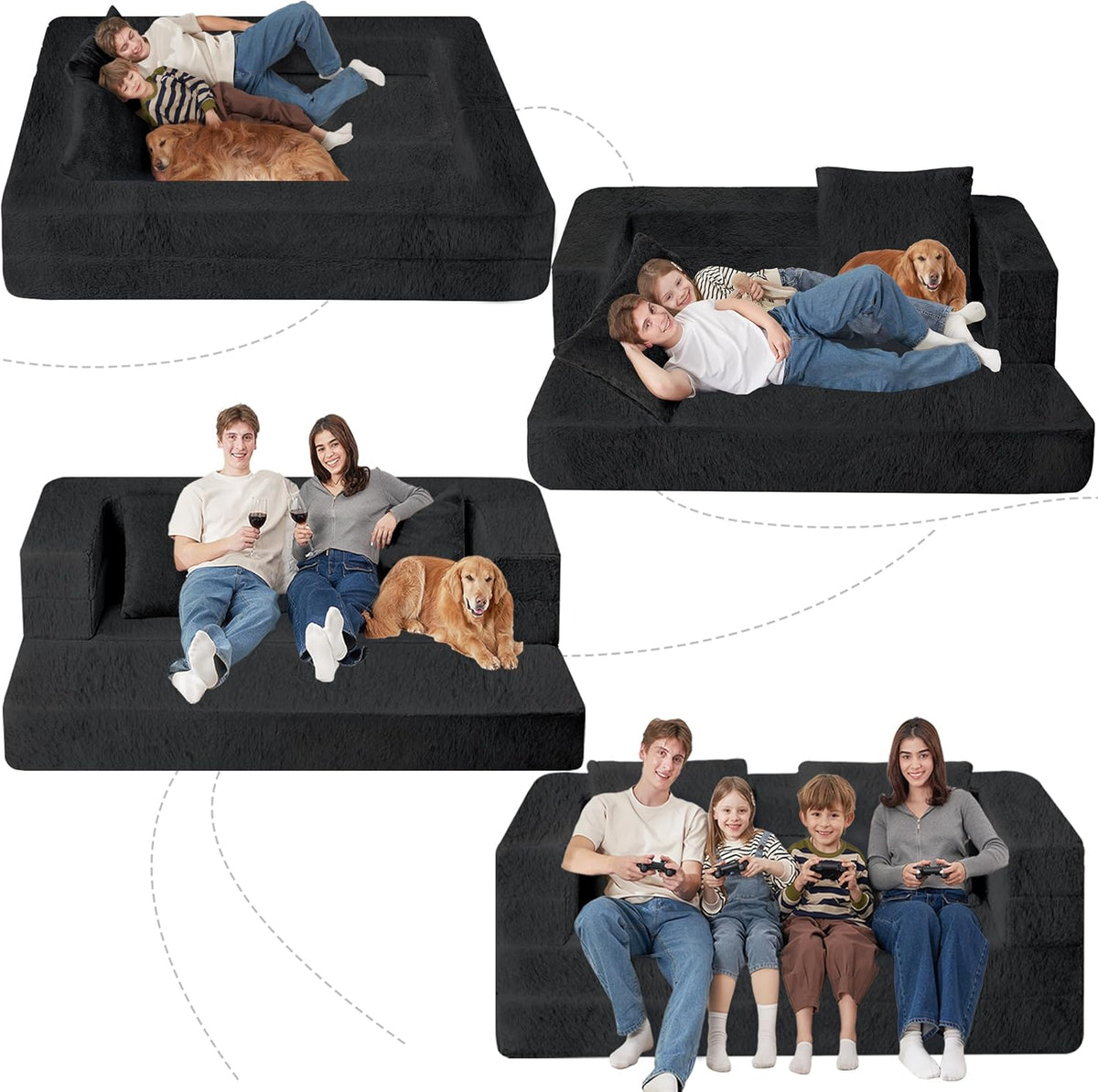 Folding Bean Bag Chair for Adults,3-in-1 Bean Bag Couch Faux Fur Floor Sofa Large Beanbag