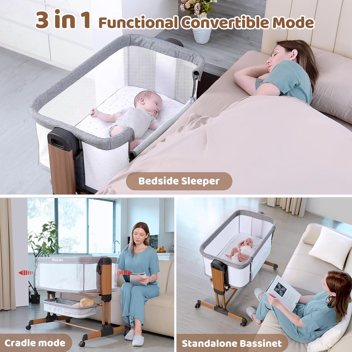 Ezebaby 3-in-1 Baby Bassinet, Rocking Baby Bassinets Bedside Sleeper, Adjustable Portable Crib for