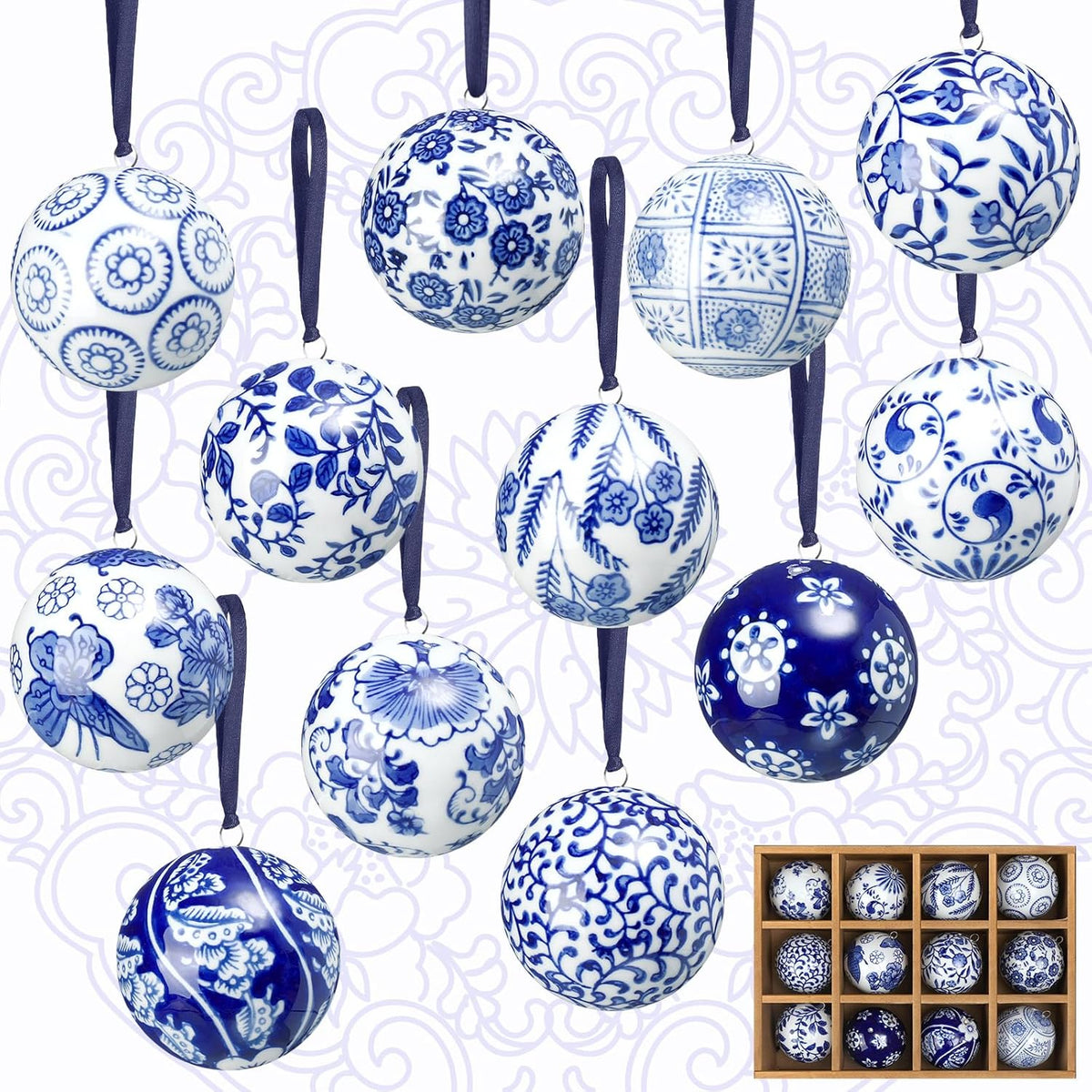 Cindeer 12 Pcs Blue and White Christmas Porcelain Balls 2.4 Inch Porcelain Chinoiserie Ornament
