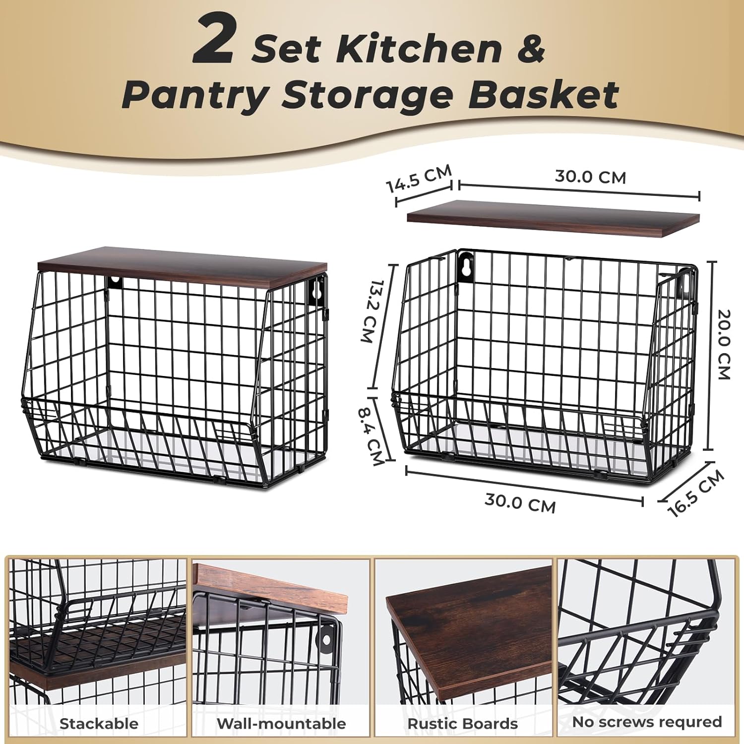 2pcs Fruit Basket Kitchen Storage Basket with Wood Lid, Stackable Wall Basket Fruit Basket for