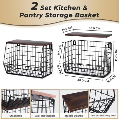 2pcs Fruit Basket Kitchen Storage Basket with Wood Lid, Stackable Wall Basket Fruit Basket for