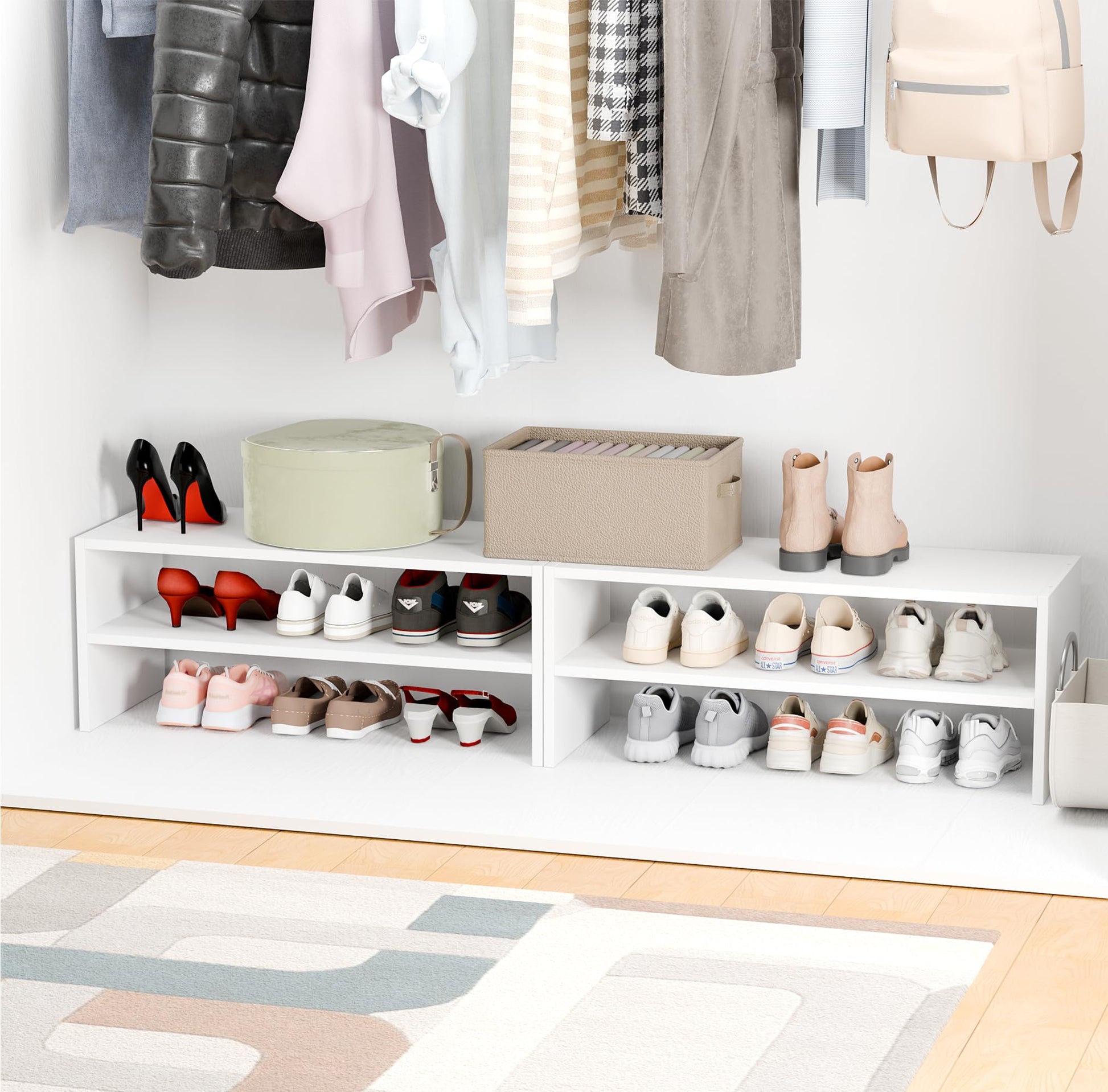 Whitmor Stackable 28" Extra Wide 2-Shelf Storage Organizer, Stackable Wood Combination Shoe