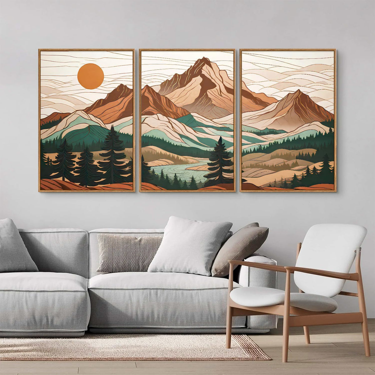 Tinonedraw Mountain Framed Canvas Wall Art Set of 3, Sunrise Forest Woodland Landscape Art Prints
