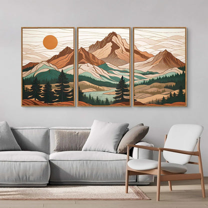 Tinonedraw Mountain Framed Canvas Wall Art Set of 3, Sunrise Forest Woodland Landscape Art Prints