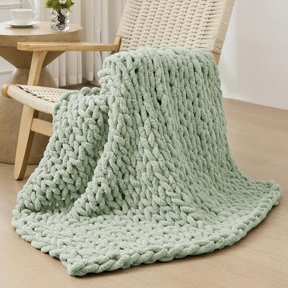 Bigacogo Chunky Knit Throw Blanket for Couch, 40x40 inches, 100% Hand Knitted with Thick Jumbo