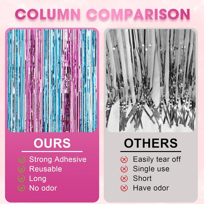 3 Pack 3.3x8.2 Feet Blue and Pink Foil Fringe Backdrop Curtains, Tinsel Streamers Birthday Party