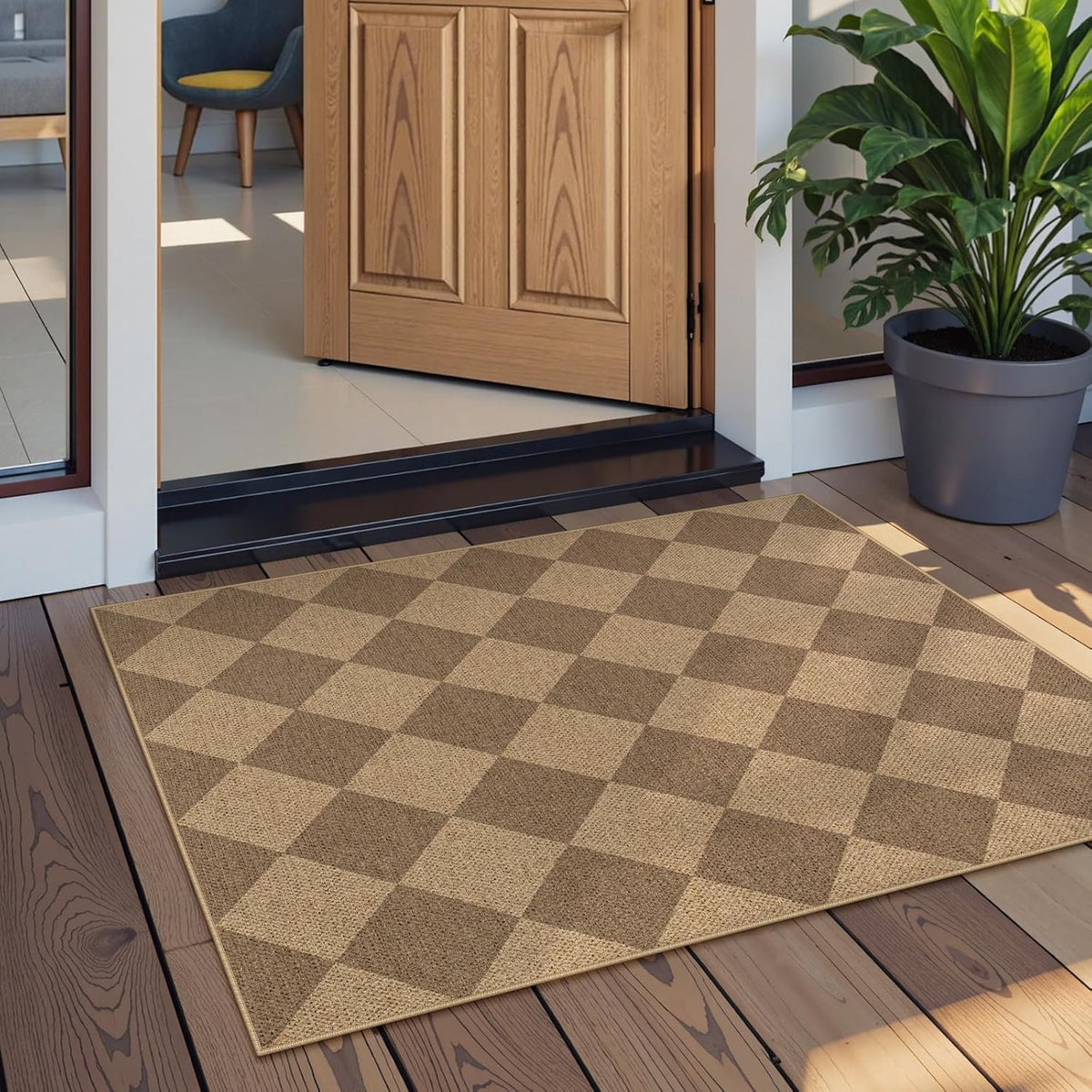 Lahome Checkered Easy Jute Rug, 2x3 Entryway Rug Indoor Outdoor Front Door Mat, Farmhouse Neutral