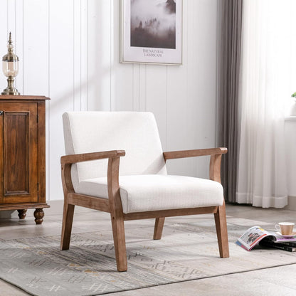 Accent Chair Mid Century Modern Armchair, Linen Upholstered Living Room Accent Armchair with Wood