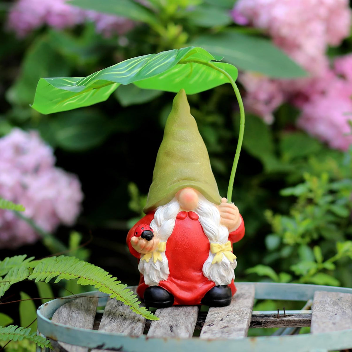 Garden Female Gnome Statue Decoration with Leaf Umbrella, 7.5” Figurine Ornament for Indoor Outdoor