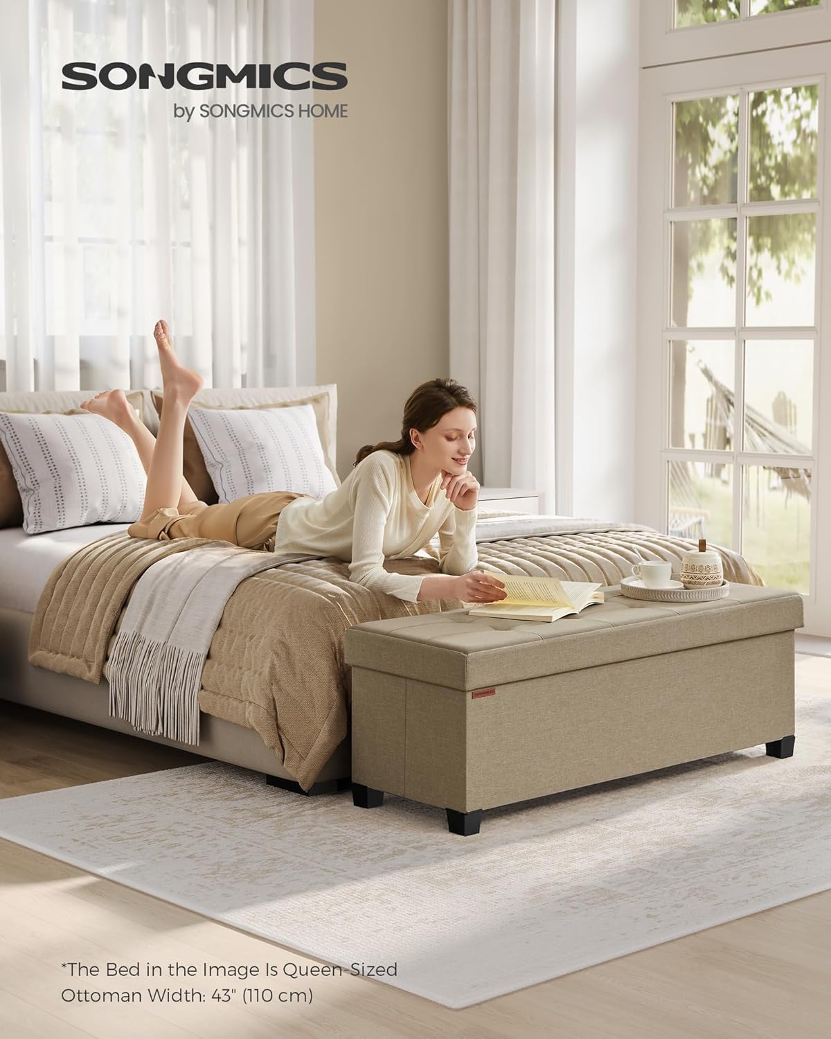 SONGMICS Storage Ottoman Bench, Foldable Foot Rest with Legs, 15 x 43 x 15.7 Inches, End of Bed