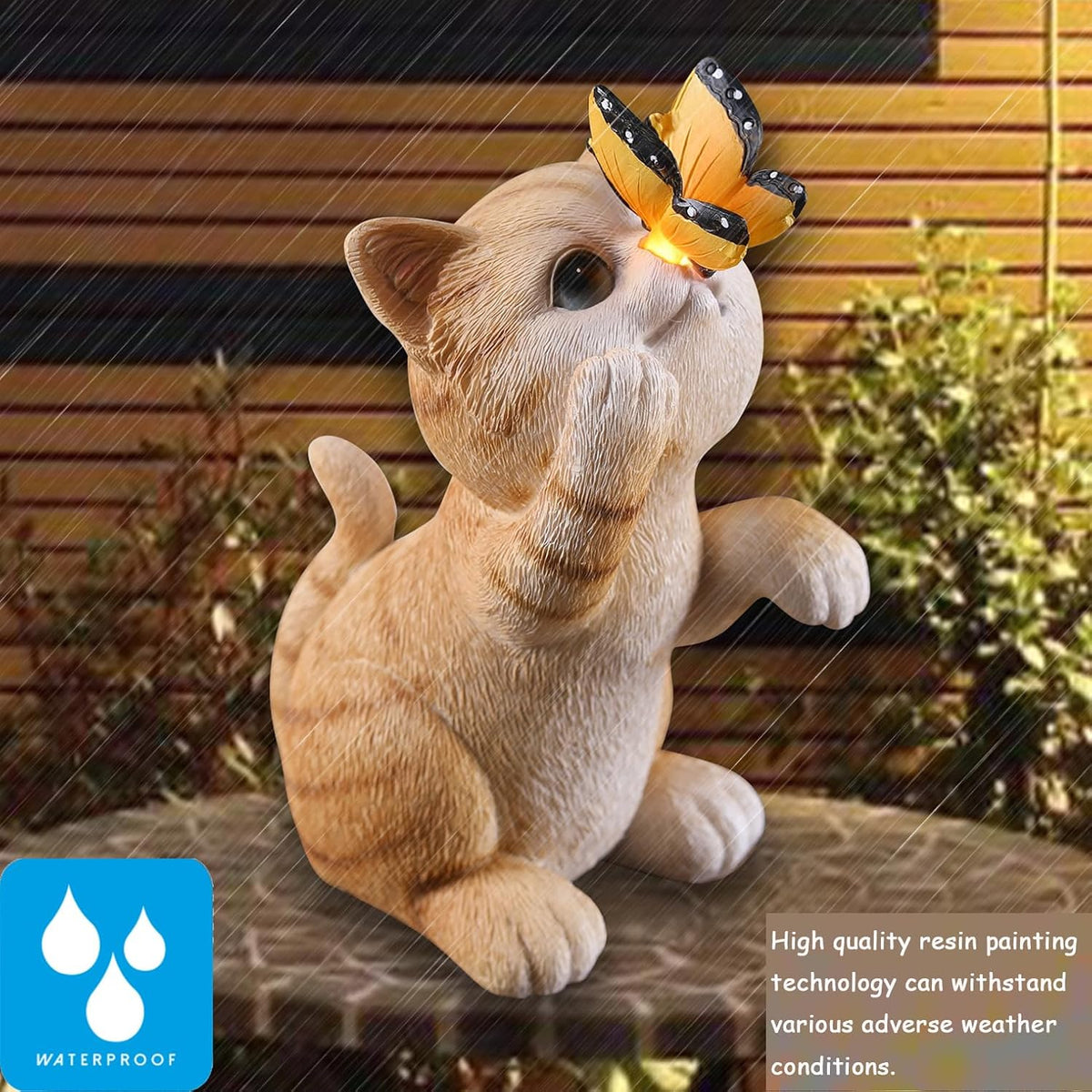 Solar Garden Statue Cute Cat Figurine Fun Color Changing LED Butterfly Light Outdoor Decor