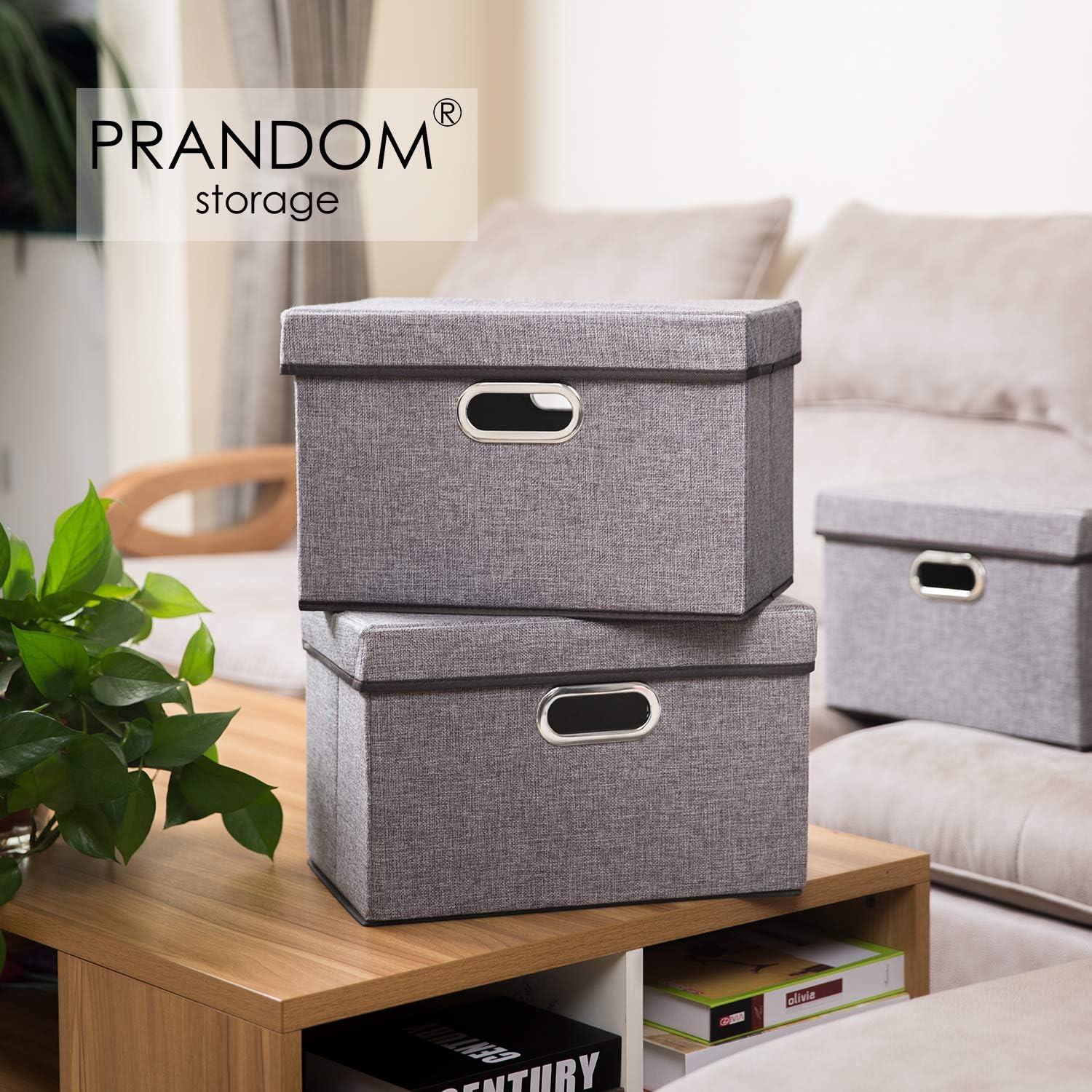 PRANDOM Collapsible Storage Containers with Lids [5-Pack] Linen Fabric Foldable Storage Bins Boxes