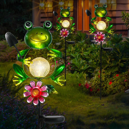 Afirst Solar Lights Outdoor Decorative Metal Frog Crackle Glass Globe Warm White LED Metal
