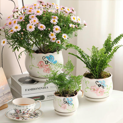 Ceramic Plant Pots with Drainage Holes and Saucers, Round Flower Pots for Indoor Plant, 3.9/5.2/6.7