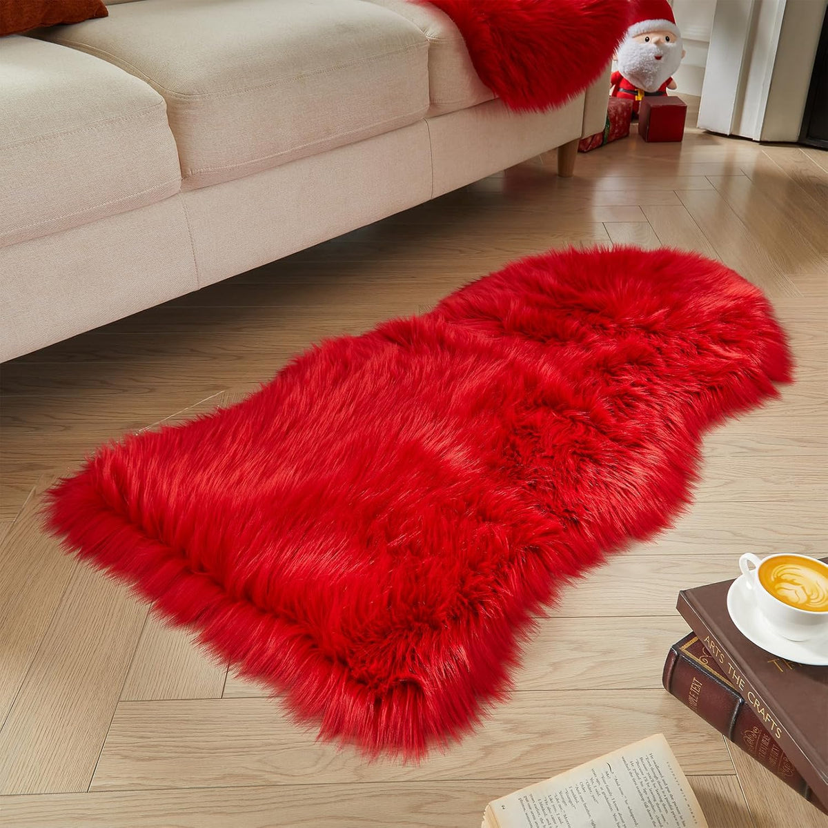 AMTOVO Faux Fur Rug, Red Area Rug, Fluffy Sheepskin Rug, Fuzzy Ultra Soft 2 x 4 ft Shag Rugs for