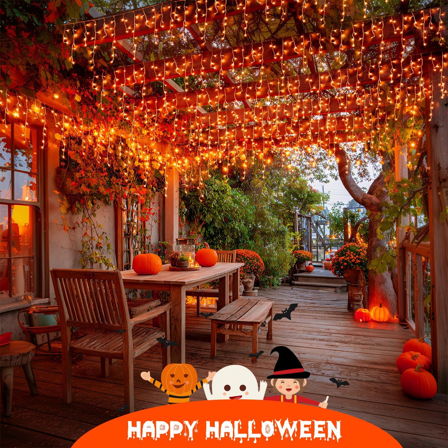 JMEXSUSS Orange Halloween Lights Outdoor, 800 LED Orange Icicle Lights Outdoor Waterproof, 8 Modes