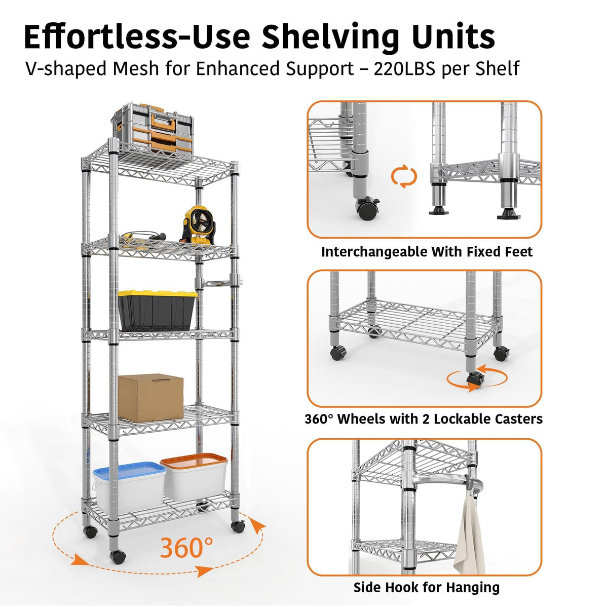 GarveeHome 5-Tier Heavy Duty Storage Shelves 1100 LBS Metal Wire Rack Shelving with Lockable