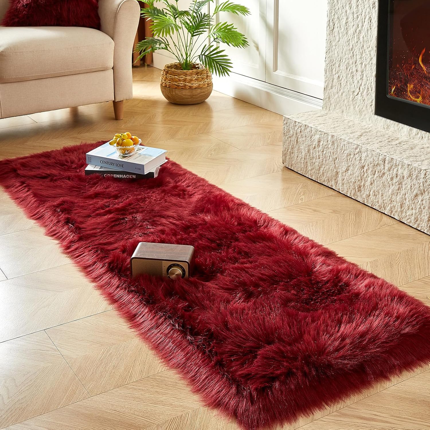 AMTOVO Faux Fur Rug, Burgundy Ultra Soft Fluffy Shag Sheepskin Rug, 2 x 6 ft Runner Area Rugs for