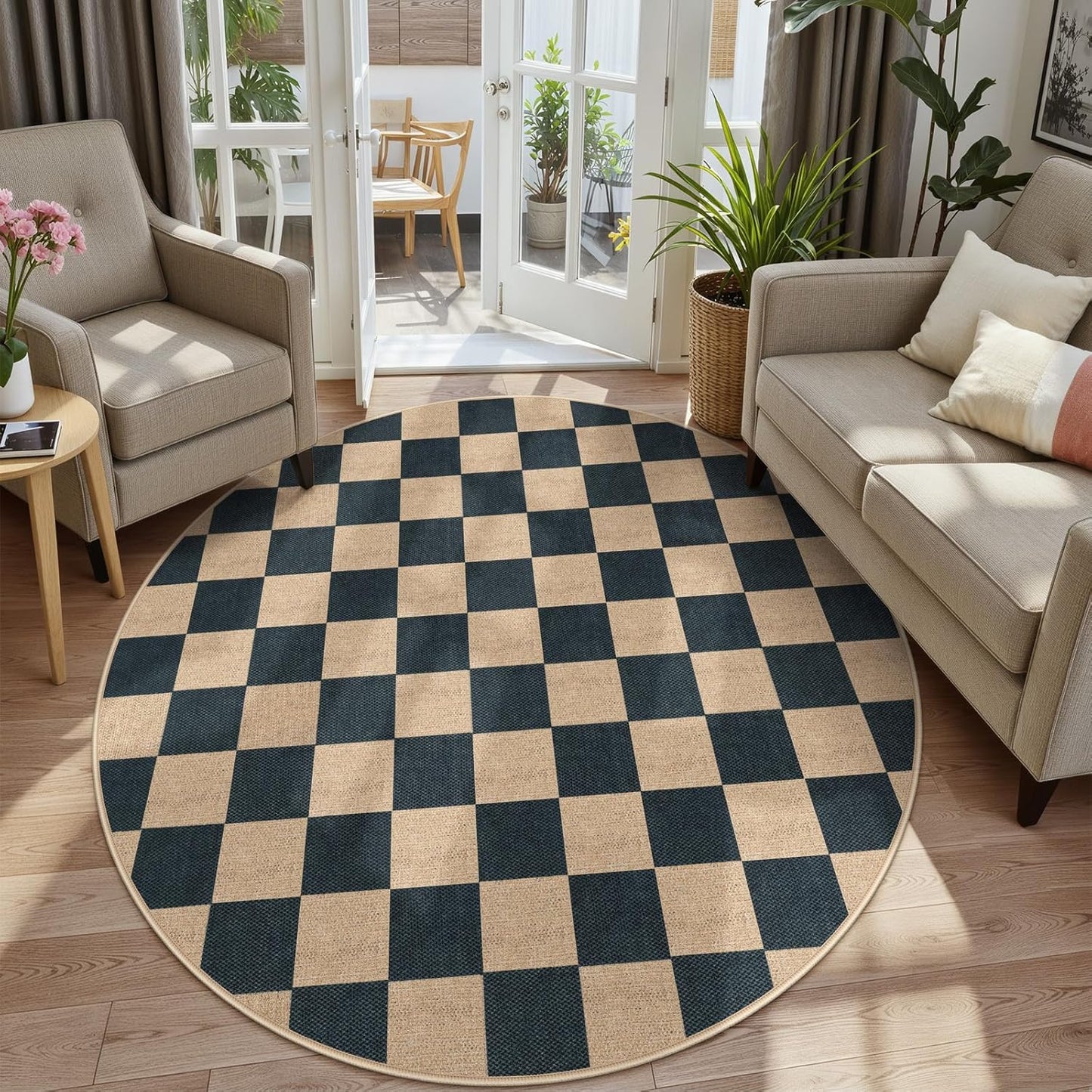 Lahome Checkered Round Rugs 6ft, Outdoor Patio Easy Jute Rug Indoor Outdoor Circle Carpet