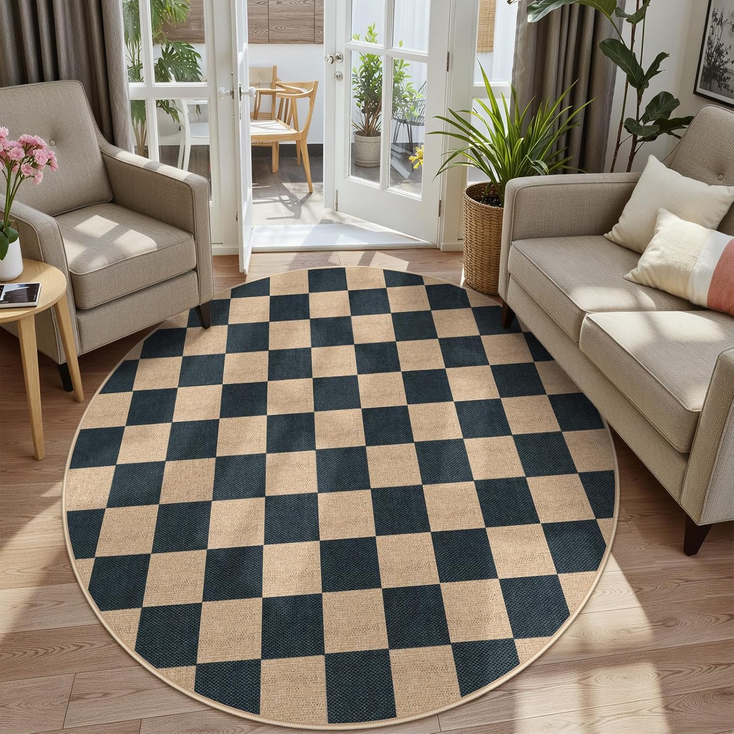 Lahome Checkered Round Rugs 6ft, Outdoor Patio Easy Jute Rug Indoor Outdoor Circle Carpet