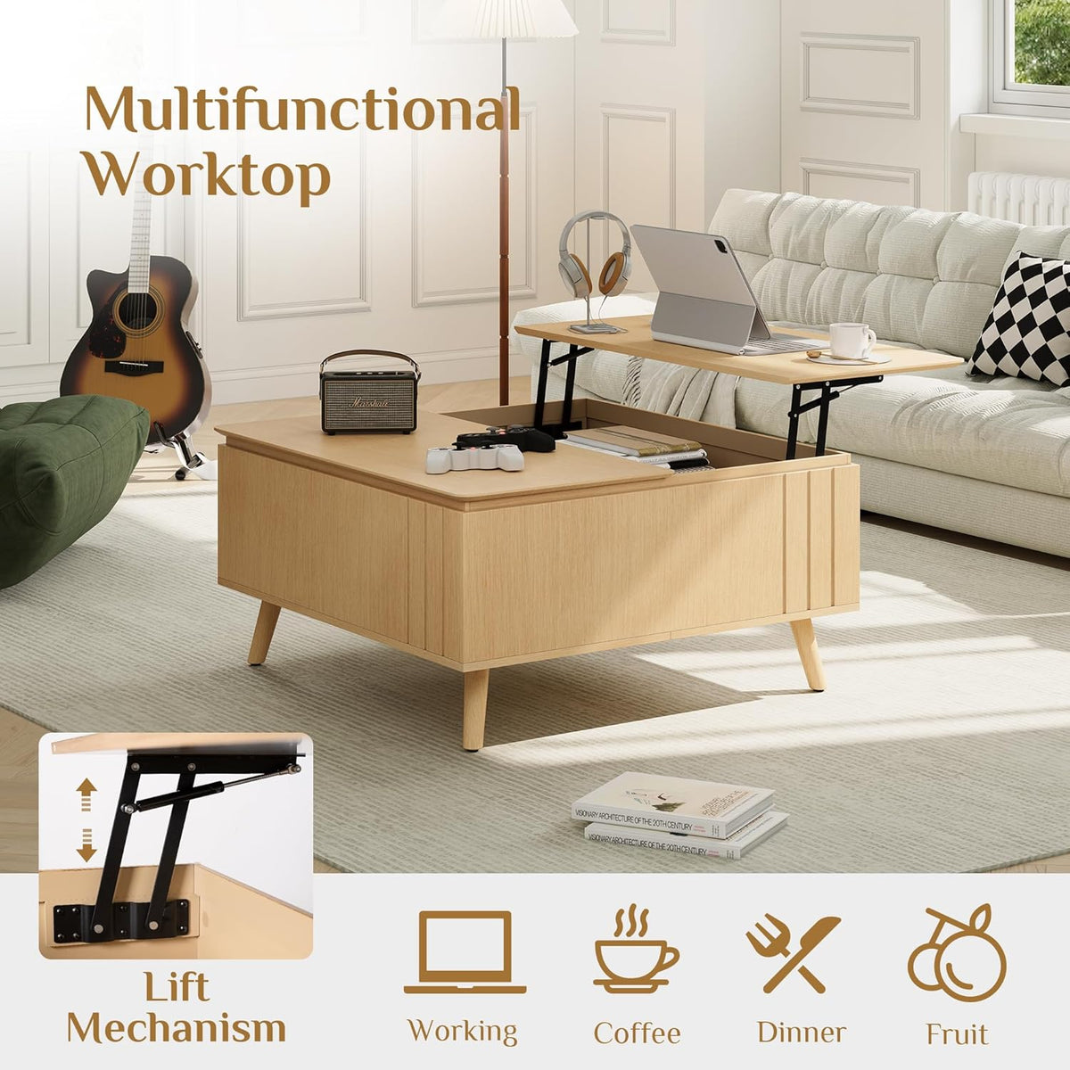 Lift Top Coffee Table with Storage,36" Large Square Coffee Tables for Living Room,Mid Century