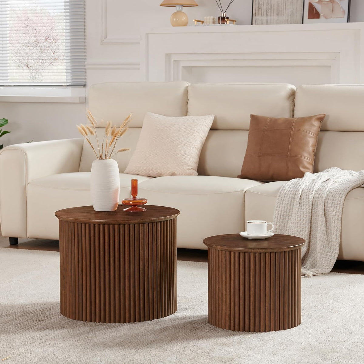 Small Fluted Round Nesting Coffee Table Set of 2, Mid Century Modern Coffee Table Circle Side