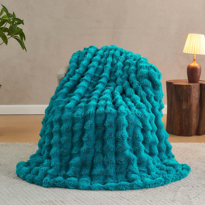 Lotus Karen Faux Fur Teal Throw Blanket - Big Bubble Rabbit Fluff Blanket for Couch Bed
