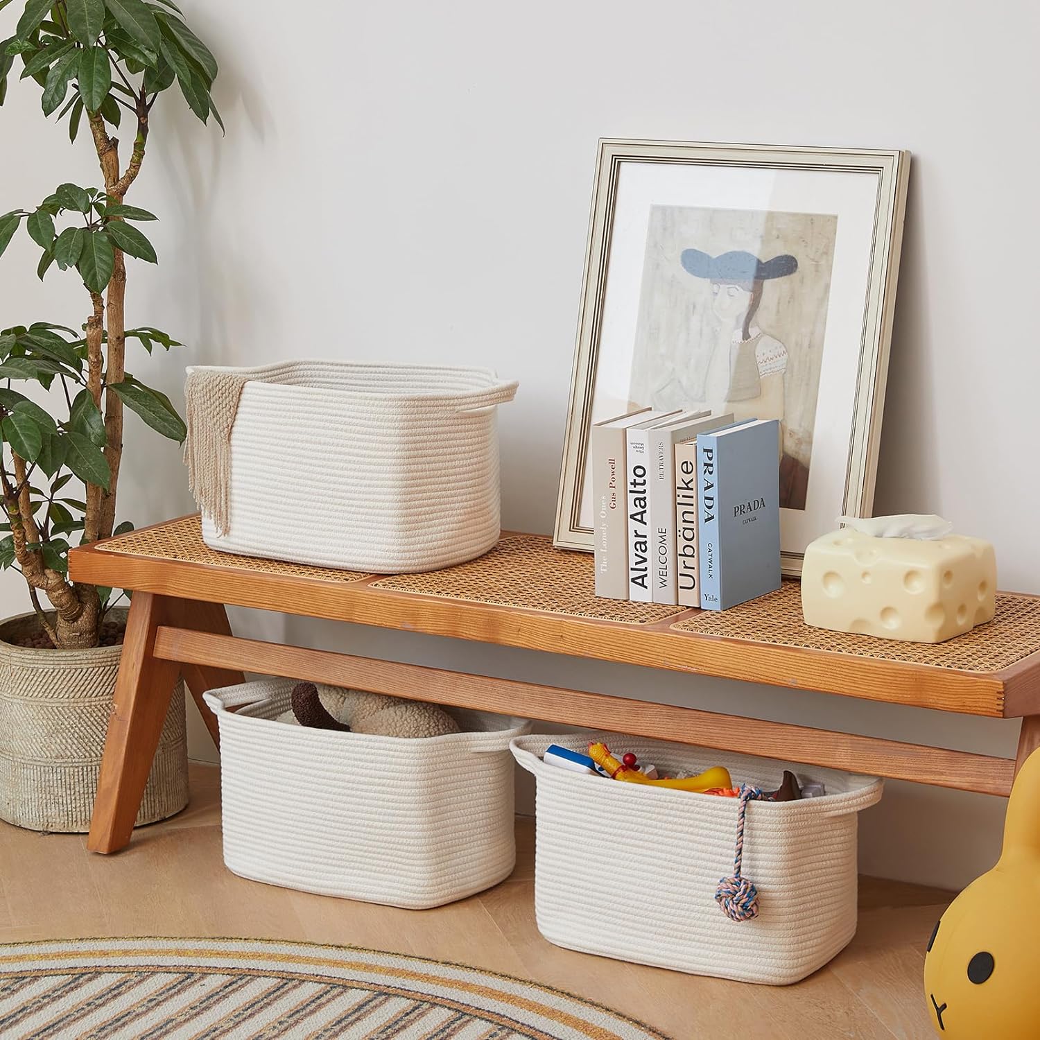 3 Packs Cotton Rope Woven Basket With Handles for Shelves -15"*10.2"*9.1"(White)