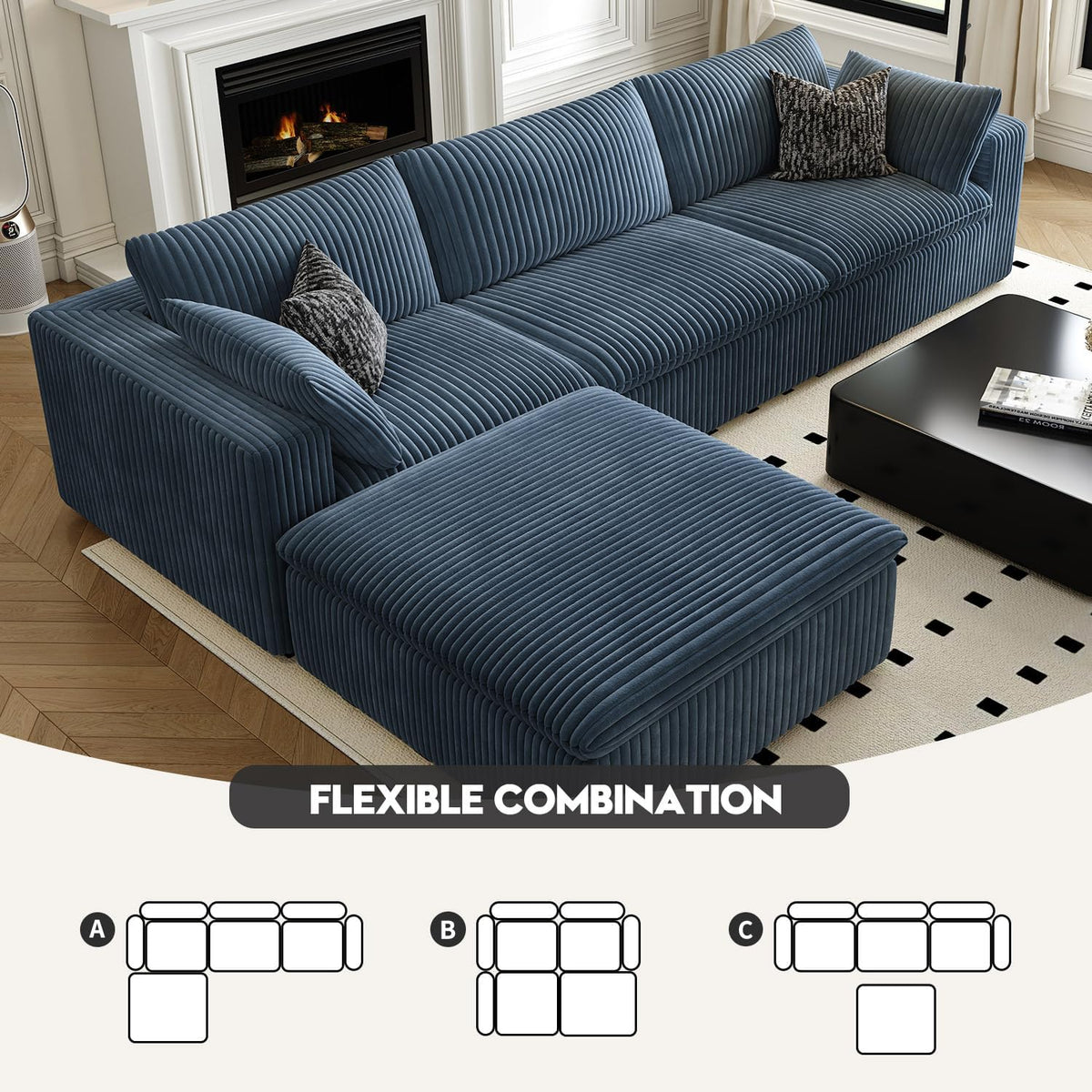 118" Cloud Couch Modular Sectional Sofa for Living Room,Modern Sofa with Deep Seat，L-Shape Boneless