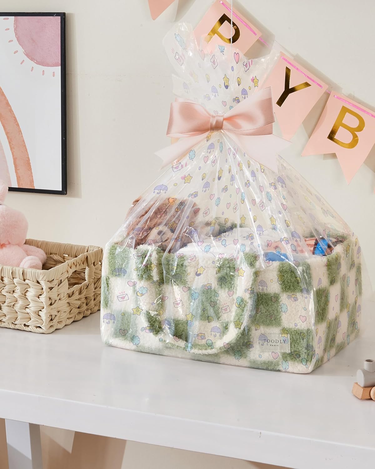 Checkered Diaper Caddy Organizer with Portable Changing Mat - Teddy Fleece Diaper Organizer for