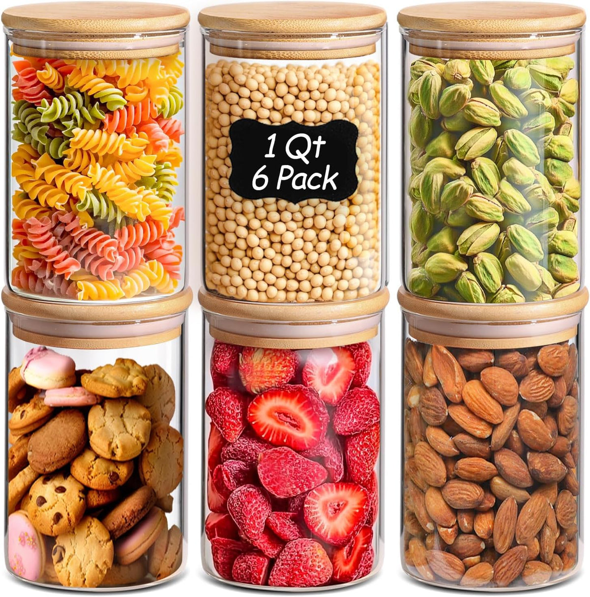 ComSaf 1 Qt Glass Storage Containers with Lids, Glass Jars with Lids, Clear Food Storage Jar, Round