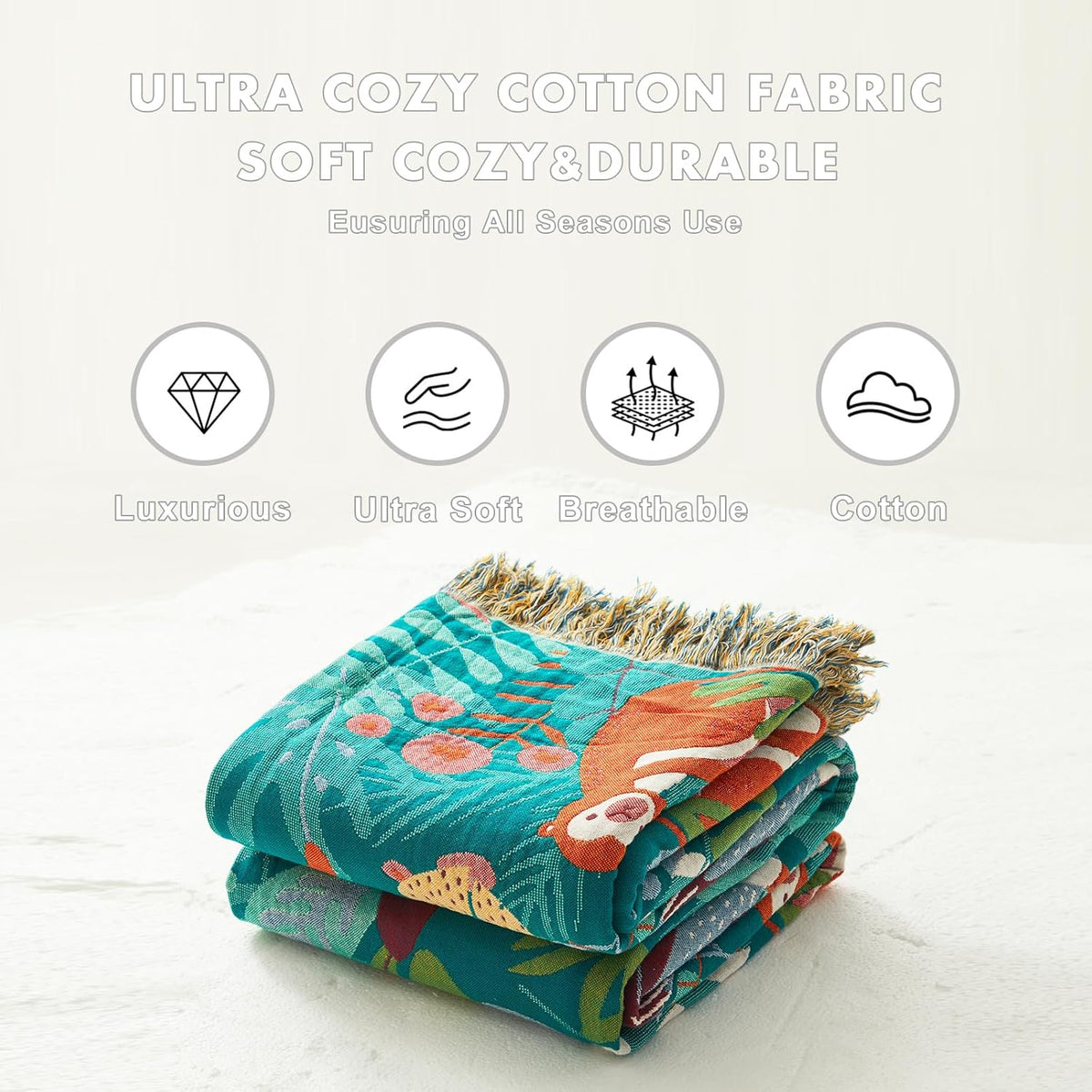 MSGKV Throw Blanket for Couch Bed Cotton Muslin Breathable Animals Twin Size Blanket 60"x80" for