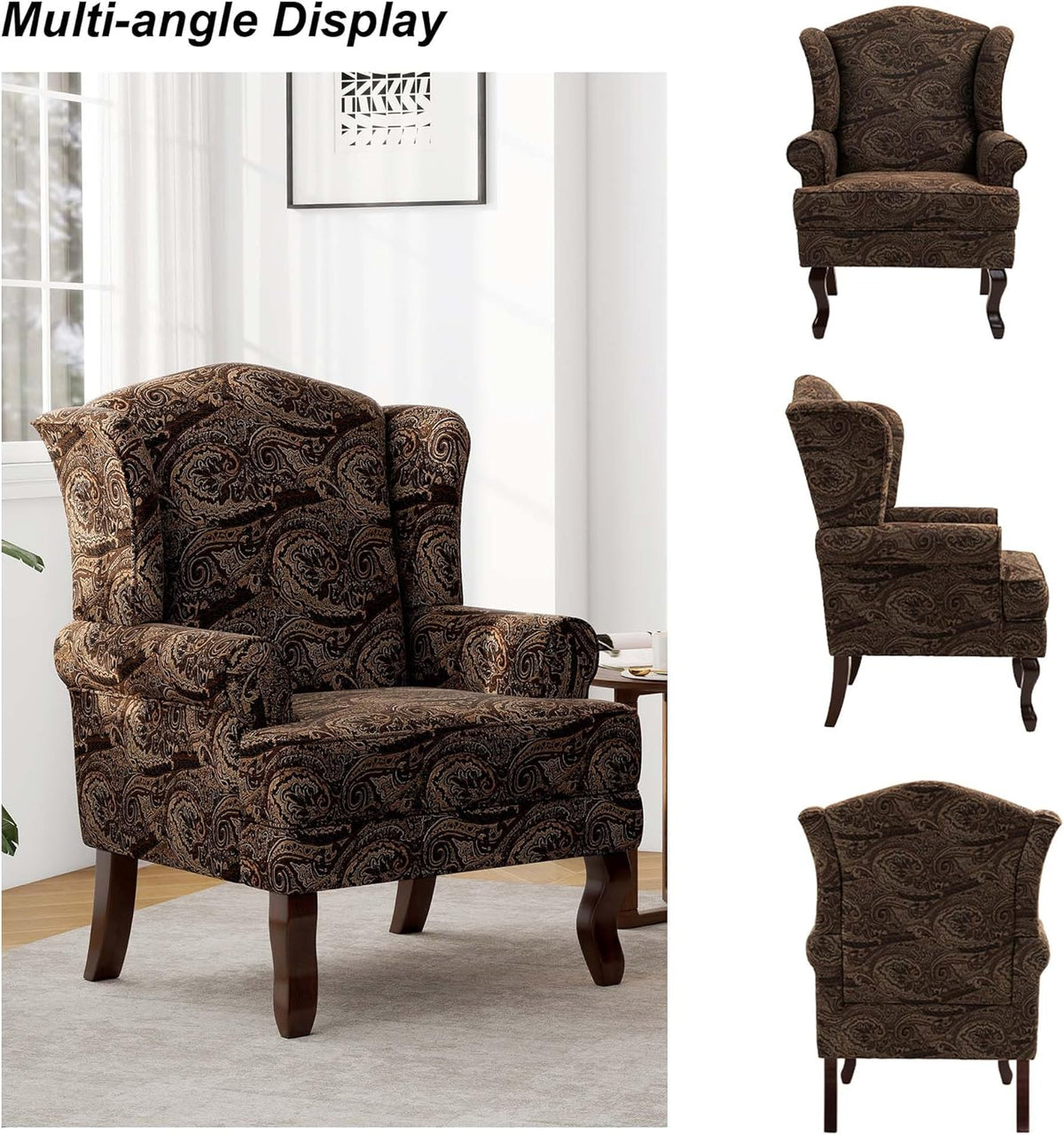 Accent Chair, High Back Upholstered Armchair with High Resilience Sponge & Wood Legs, Mid-Century