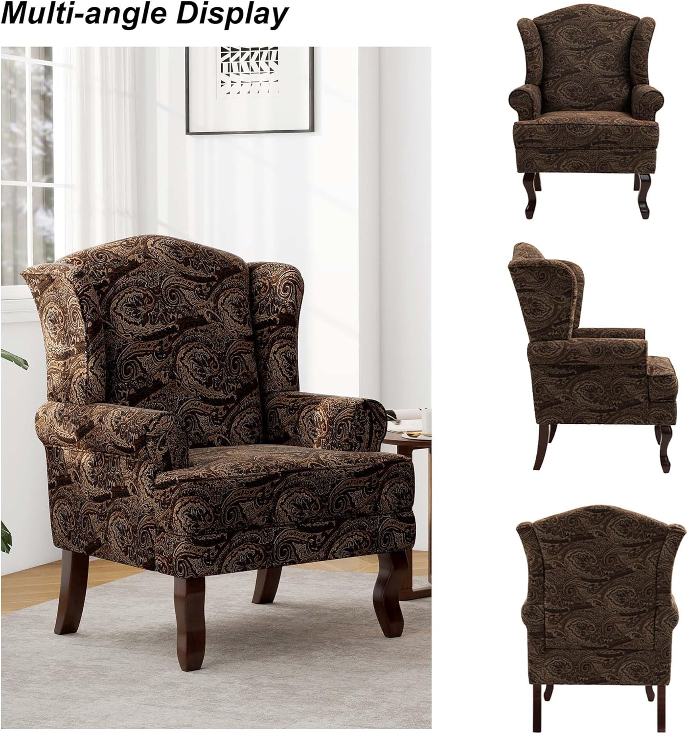 Accent Chair, High Back Upholstered Armchair with High Resilience Sponge & Wood Legs, Mid-Century