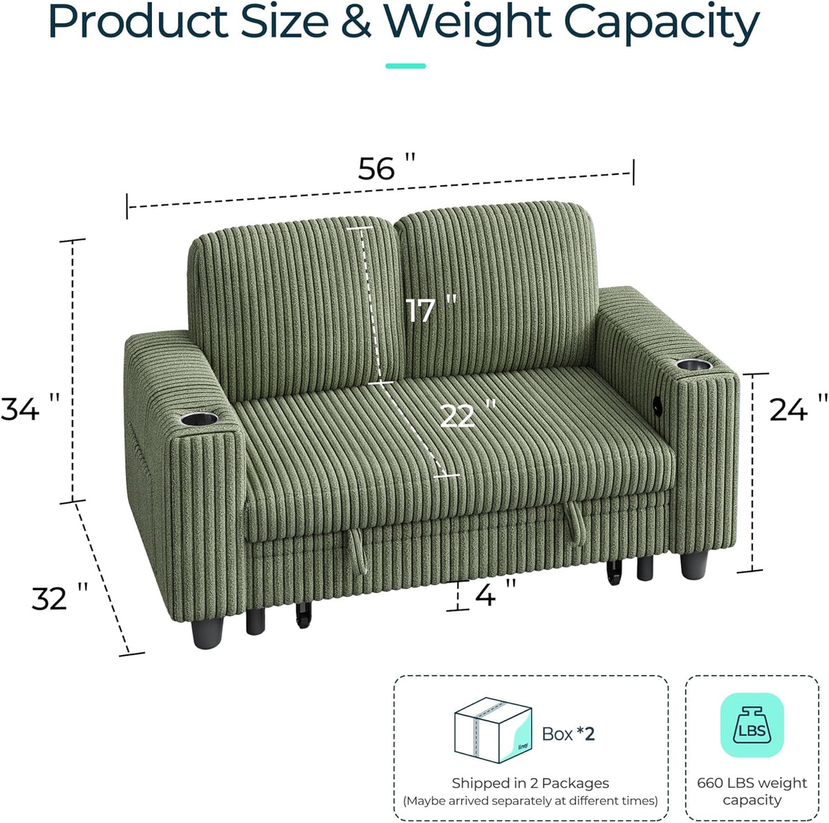 LINSY HOME Loveseat Sofa with Storage - Comfy Plush Corduroy 2 Seater Sofa with USB Charging & Cup