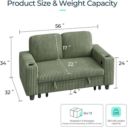 LINSY HOME Loveseat Sofa with Storage - Comfy Plush Corduroy 2 Seater Sofa with USB Charging & Cup
