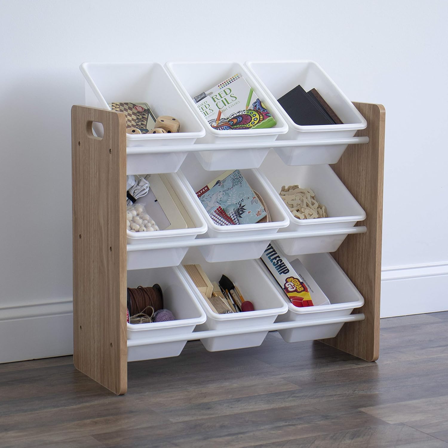 Humble Crew 9-Bin Toy Organizer – Journey Natural Wood with White Plastic Bins, 3-Tier Storage